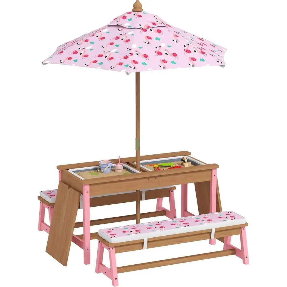 Kids Outdoor Furniture Set - Wooden Picnic Table Set with Umbrella,